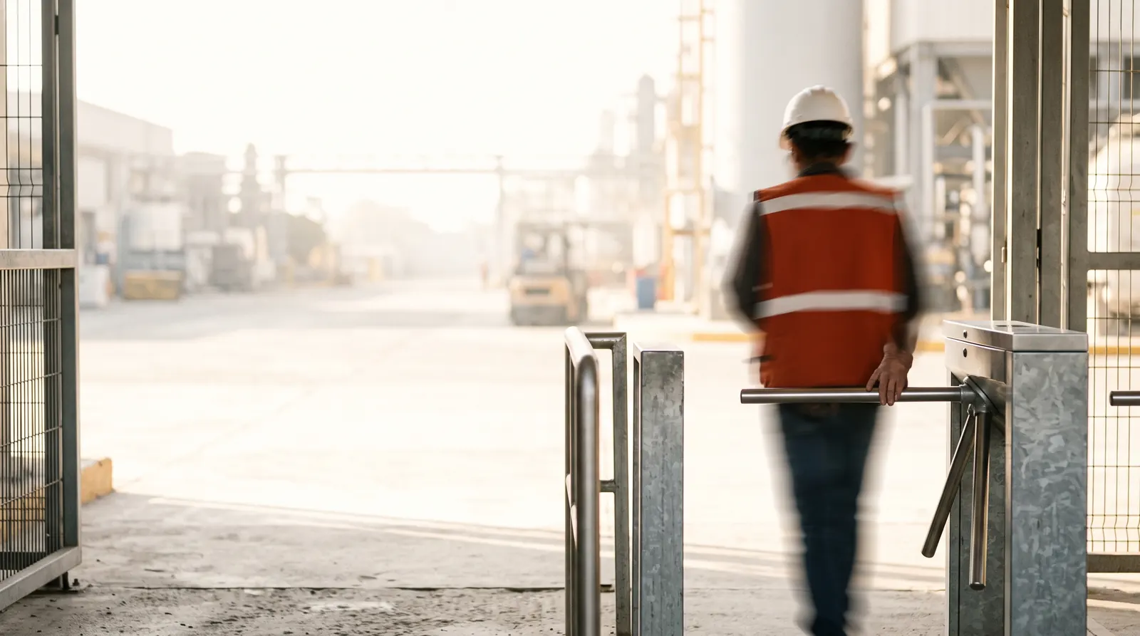 Line of contractors in terracotta vests queuing at the turnstile of a Mexican plant gate at dawn