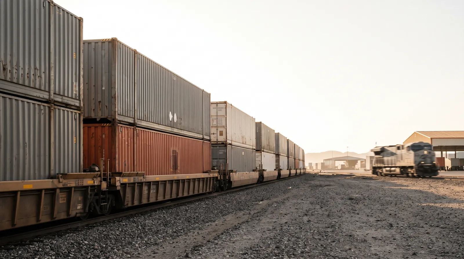 Tren intermodal cargado con contenedores en una terminal ferroviaria del norte de México a primera hora de la mañana
