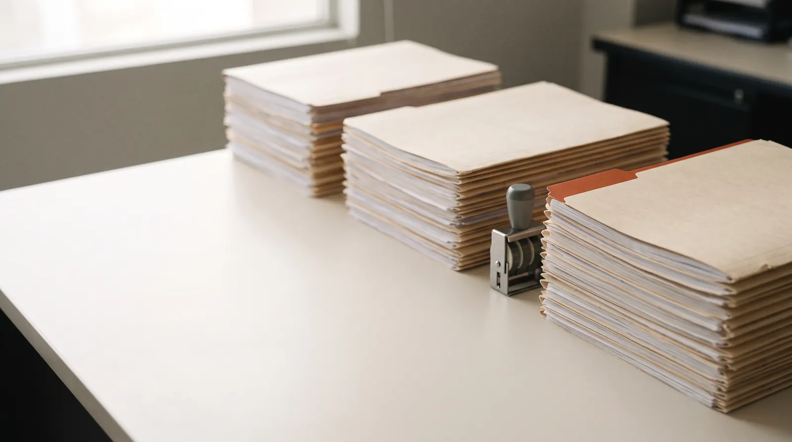 Compliance desk in a Mexican plant office with contractor files stacked for the four-month filing window