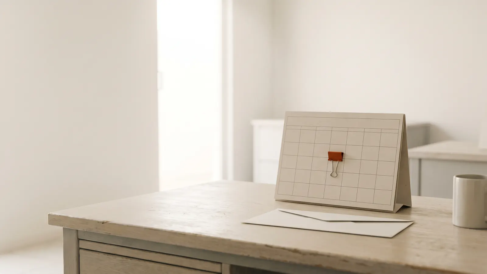 Calendario de escritorio con un clip terracotta marcando el día de corte junto a un sobre: el recordatorio alinea el período que destraba el pago