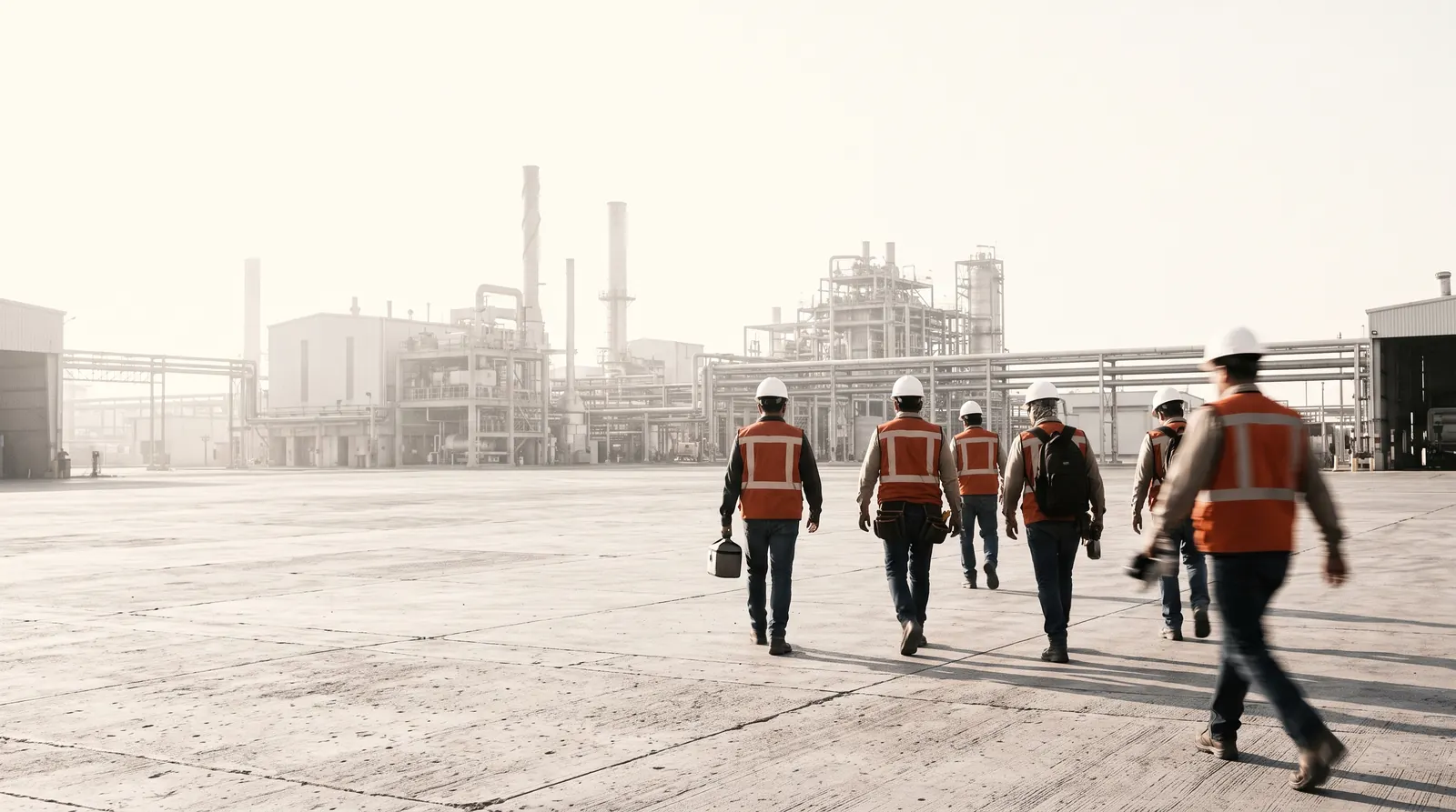 Contractors in hi-vis vests walking across the yard of a Mexican industrial plant at morning shift change