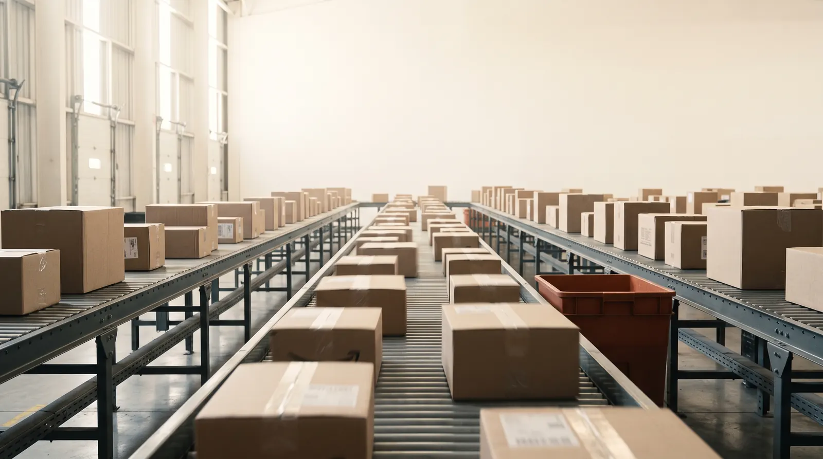Nave de clasificación de paquetería en México a primera hora, con paquetes avanzando por una banda transportadora