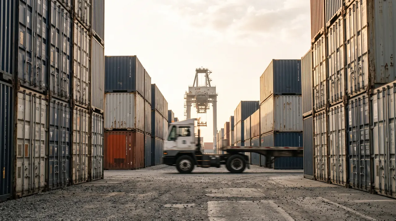 Patio de contenedores en un puerto mexicano al amanecer, con un tractor de terminal cruzando entre las filas