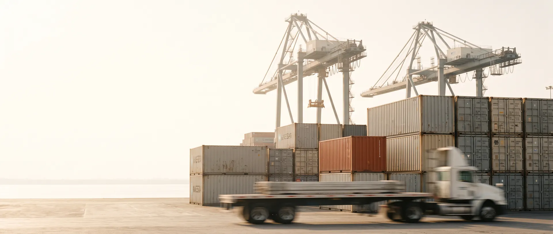 Terminal de contenedores mexicana por la mañana: grúas pórtico sobre los contenedores apilados y un camión de patio cruzando en movimiento
