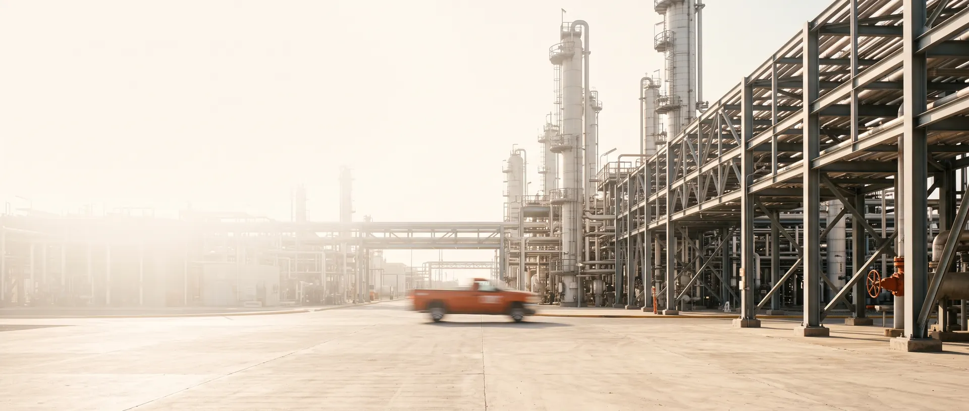 Planta industrial mexicana al amanecer: racks de tubería y columnas de proceso bajo la luz cálida de la mañana, con una camioneta cruzando el patio